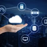 Secure cloud computing network with interconnected digital devices and data protection icons.