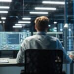 Back,View,Of,Skilled,Focused,System,Administrator,Or,Consultant,Checks