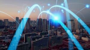 Mixed,Media,Of,Modern,City,Aerial,View,And,Communication,Network