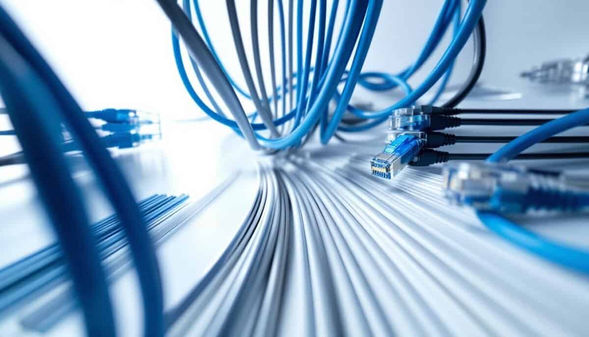 High-speed blue Ethernet cables connected to network switches in a data center, showcasing IT infrastructure and network management services.