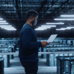Advanced IT professional working on a laptop in a modern data center, emphasizing cybersecurity, cloud solutions, and IT infrastructure services.