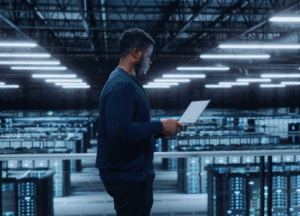 Advanced IT professional working on a laptop in a modern data center, emphasizing cybersecurity, cloud solutions, and IT infrastructure services.