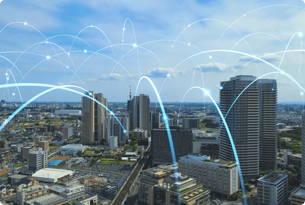 Enhanced city skyline with cloud computing and digital connectivity visualization.