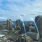 Enhanced city skyline with cloud computing and digital connectivity visualization.