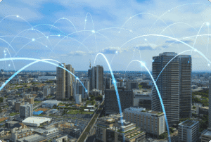 Enhanced city skyline with cloud computing and digital connectivity visualization.