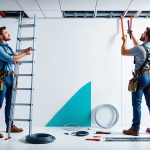 Busy IT technicians installing ceiling cabling for office network infrastructure at CNiC Solutions.