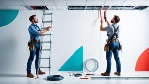 Busy IT technicians installing ceiling cabling for office network infrastructure at CNiC Solutions.