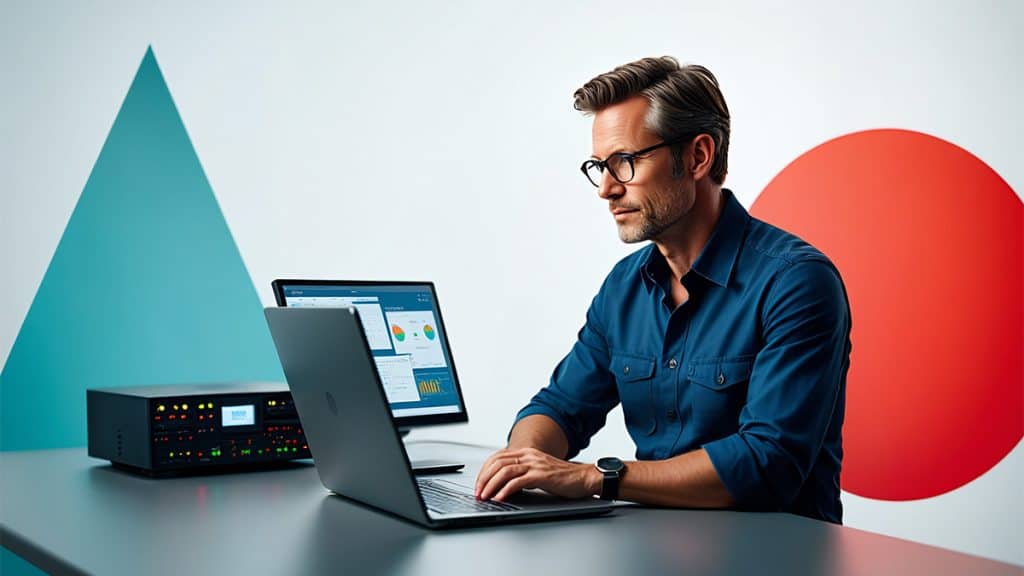 Advanced IT professional working with data analysis on a laptop at CNiC Solutions office.