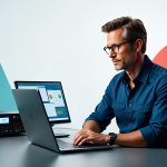 Advanced IT professional working with data analysis on a laptop at CNiC Solutions office.