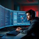 1. Male cybersecurity analyst working on multi-screen monitors with code and security graphics in a dark, modern office environment.