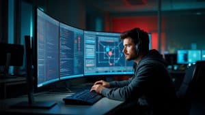 1. Male cybersecurity analyst working on multi-screen monitors with code and security graphics in a dark, modern office environment.