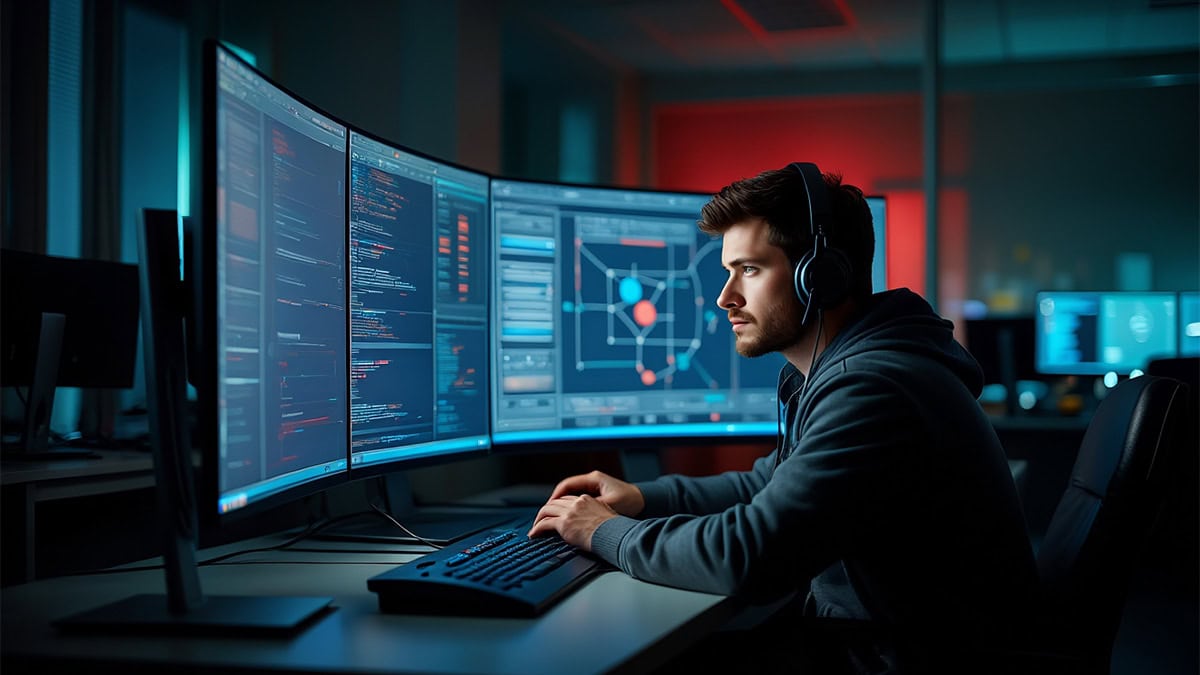 1. Male cybersecurity analyst working on multi-screen monitors with code and security graphics in a dark, modern office environment.