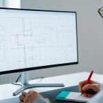 Precise technical engineering design on computer screen for IT infrastructure and network solutions.