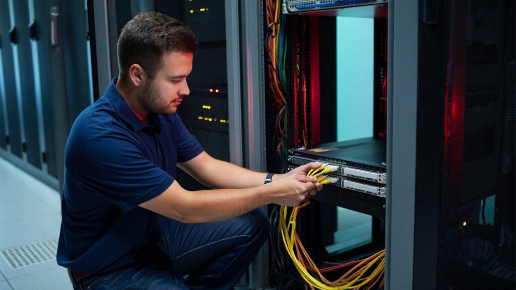 High-tech IT technician working inside server rack at data center, troubleshooting and managing network cables for optimal server performance.