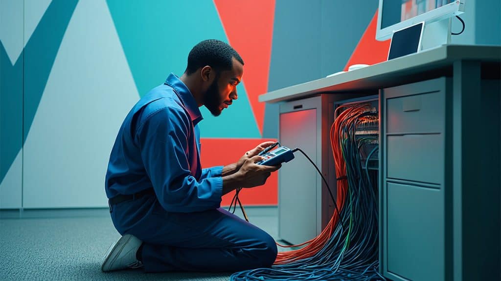 Sophisticated IT technician inspecting server cables at tech company's data center for optimal performance.