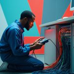 Sophisticated IT technician inspecting server cables at tech company's data center for optimal performance.