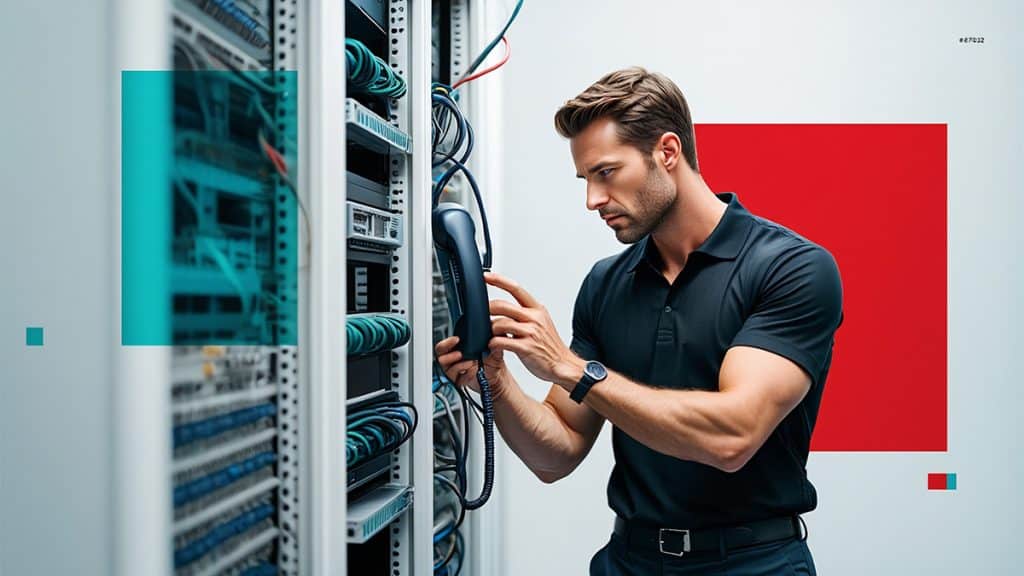 High-skilled IT technician troubleshooting server equipment in data center for reliable network and cybersecurity solutions.