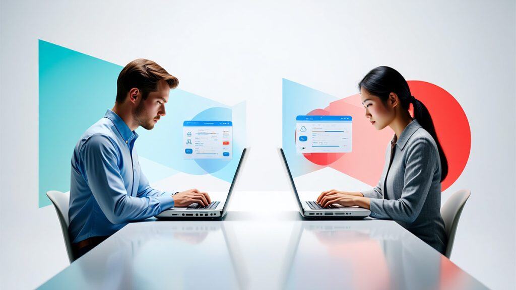 Young man and woman working on laptops with digital cloud interfaces, illustrating IT solutions and cloud technology services by CNiC Solutions.