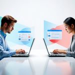 Young man and woman working on laptops with digital cloud interfaces, illustrating IT solutions and cloud technology services by CNiC Solutions.