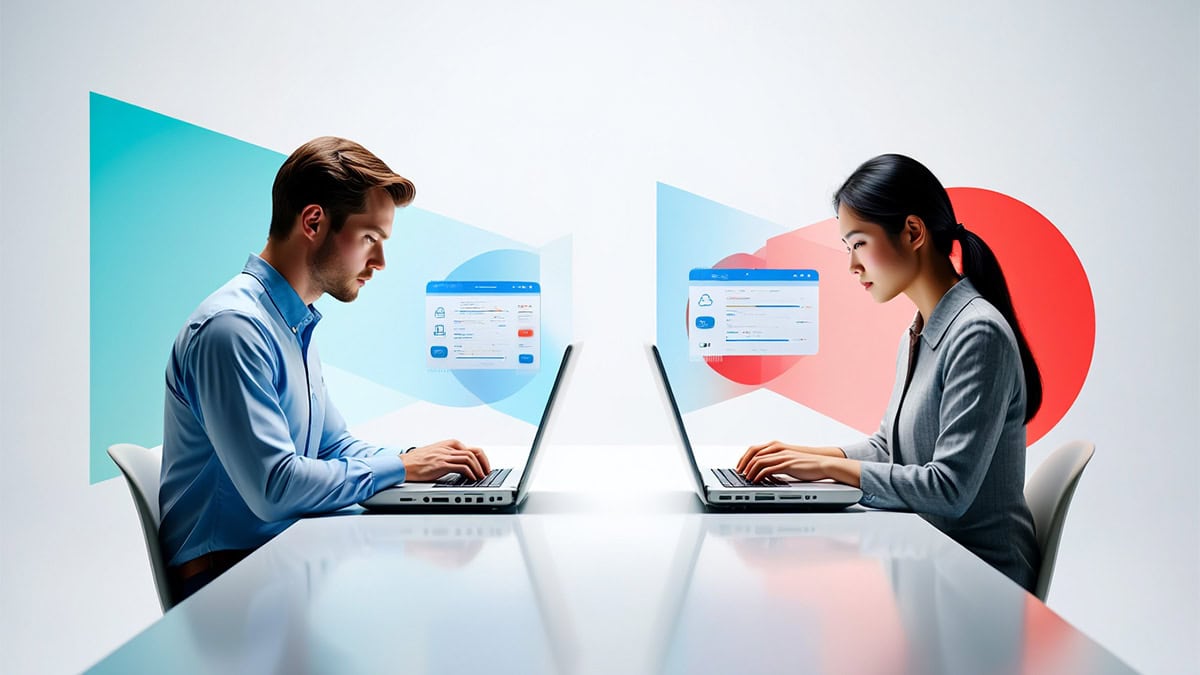 Young man and woman working on laptops with digital cloud interfaces, illustrating IT solutions and cloud technology services by CNiC Solutions.