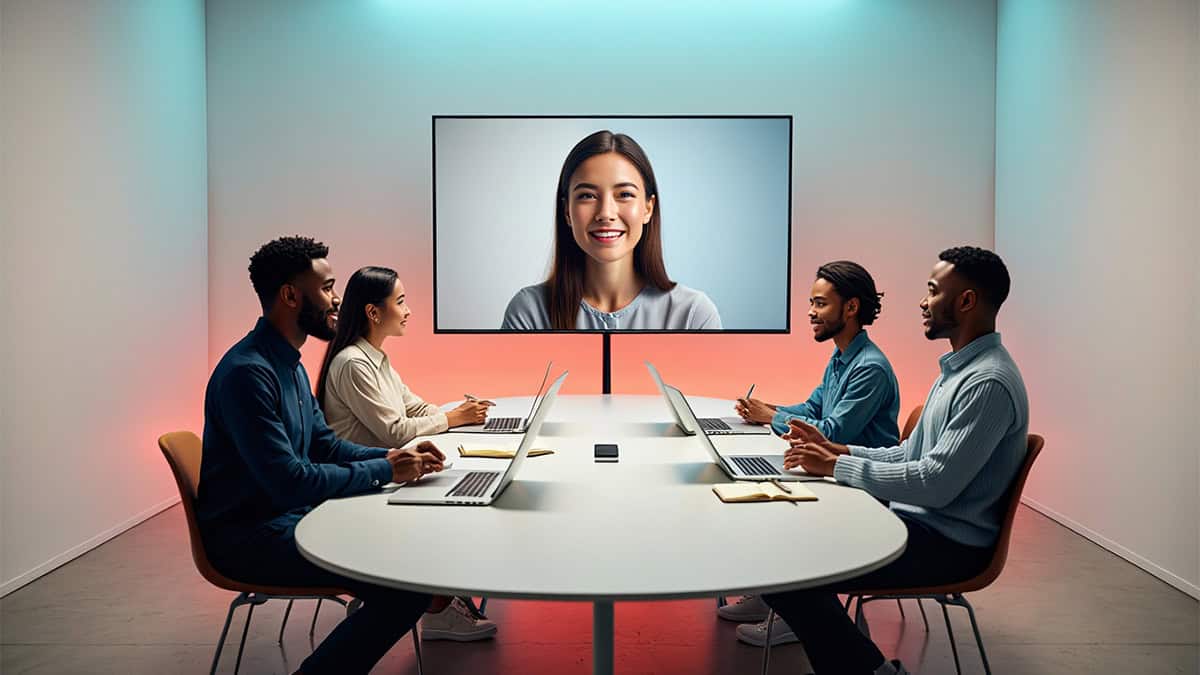 Remote team meeting with diverse professionals via video conferencing at CNiC Solutions.