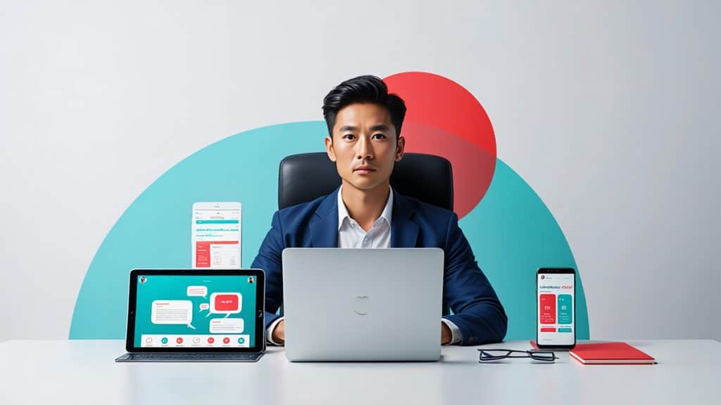 Secure young Asian man working on a laptop with mobile devices displaying IT service apps, representing CNiC Solutions' tech solutions.