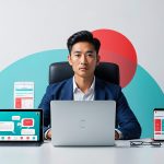 Secure young Asian man working on a laptop with mobile devices displaying IT service apps, representing CNiC Solutions' tech solutions.