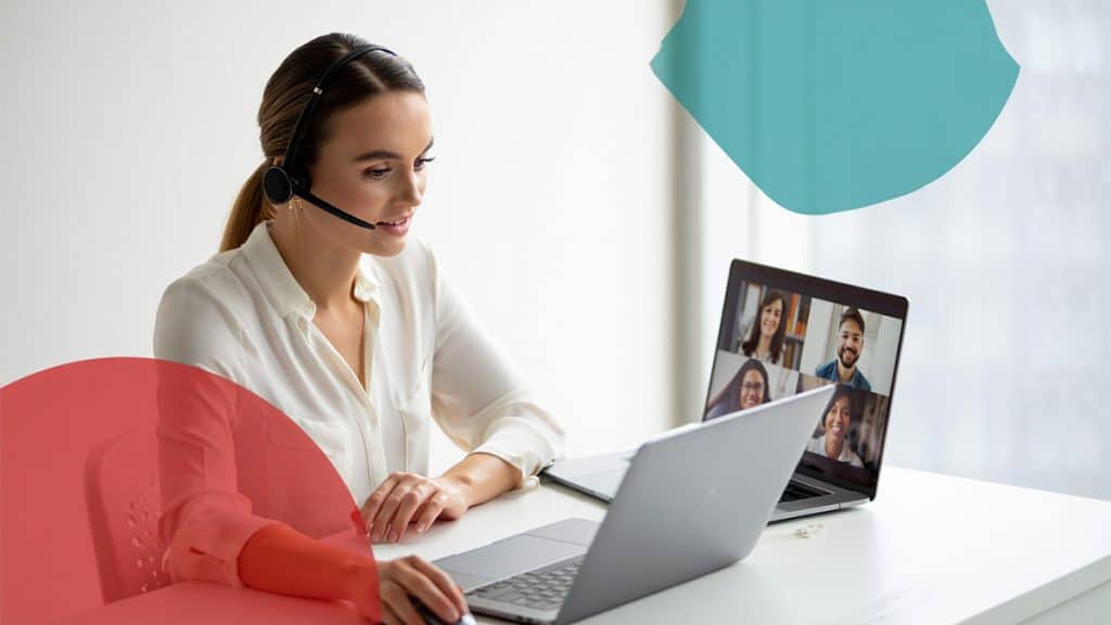 Remote IT support team member providing virtual assistance via laptop for business technology solutions.