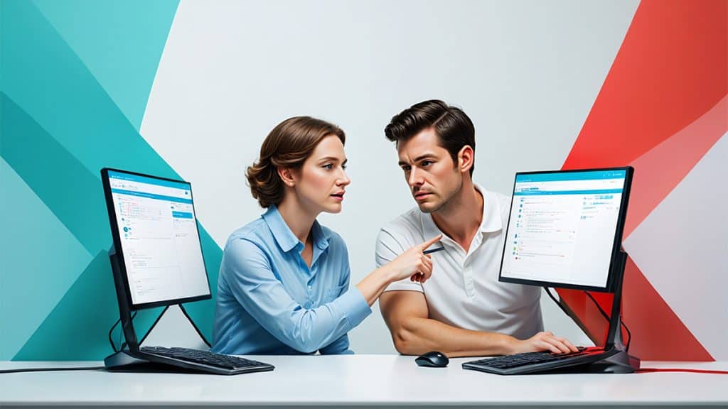 Efficient IT support consultation between a woman and man at a modern workstation for improved business technology solutions.