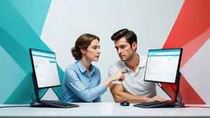 Efficient IT support consultation between a woman and man at a modern workstation for improved business technology solutions.