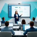 Meta description: Business professionals attending a technology training session with a presenter using digital devices and a large display screen at CNiC Solutions.