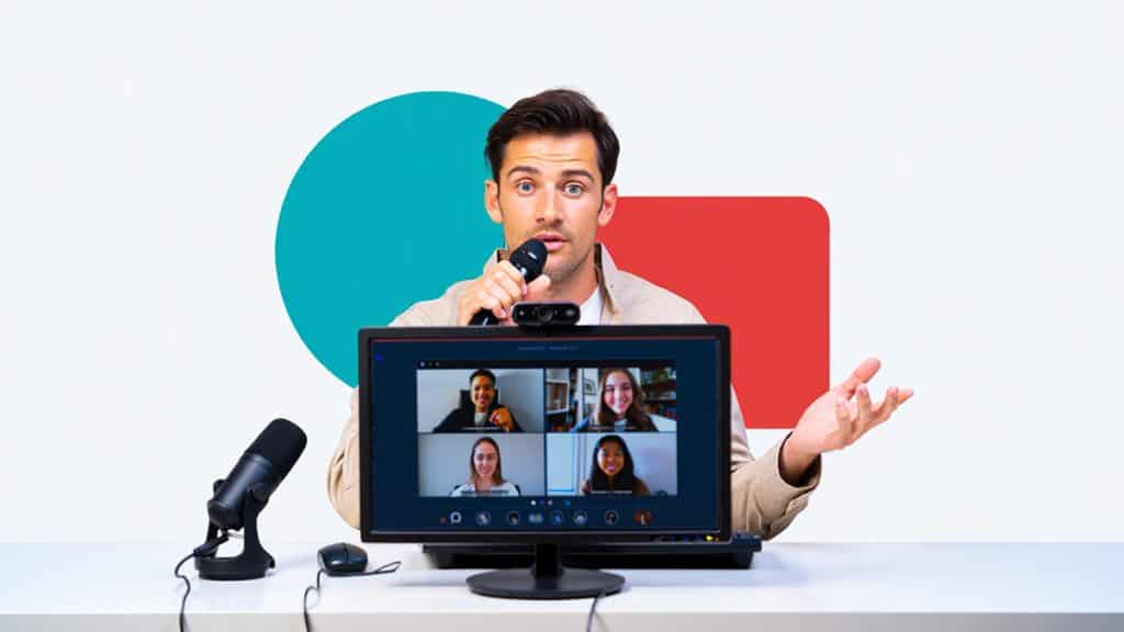 Professional man conducting virtual meeting with multiple colleagues on computer screen for IT services and remote collaboration.