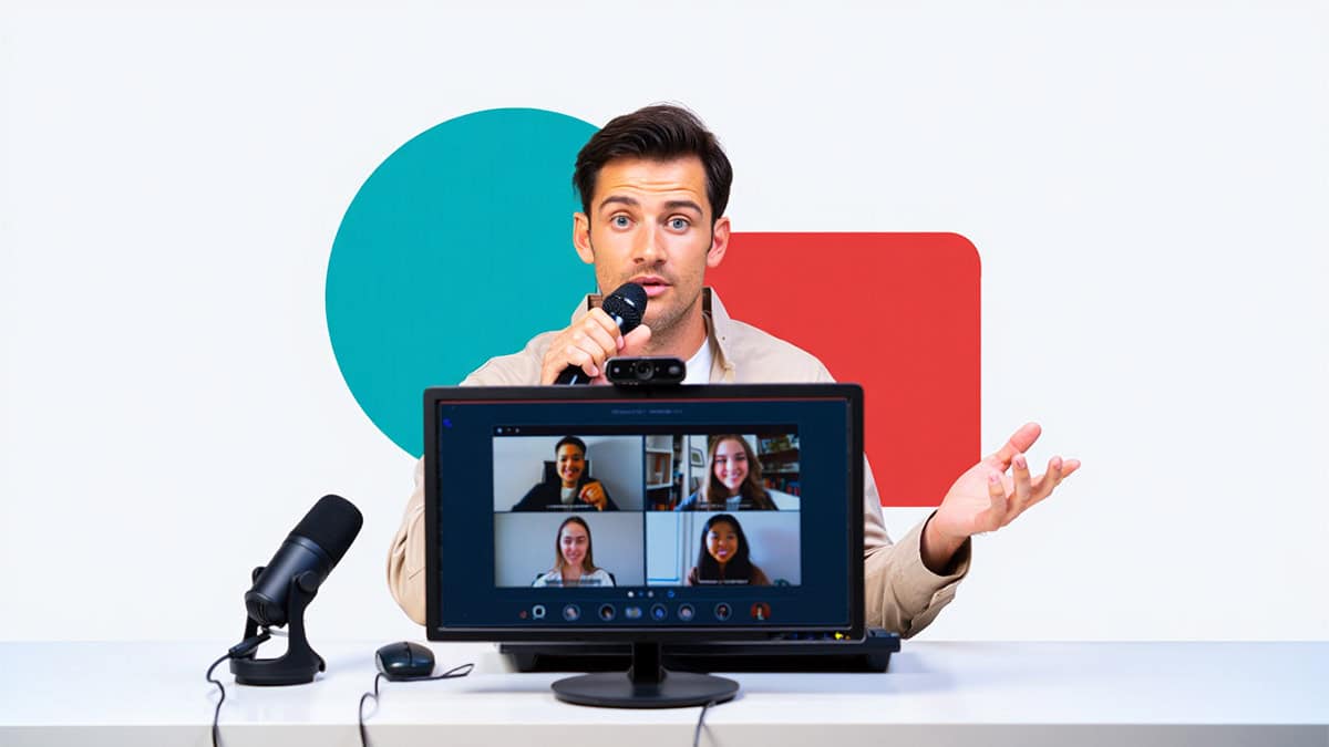 Professional man conducting virtual meeting with multiple colleagues on computer screen for IT services and remote collaboration.