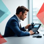 A professional man in a suit working at an office desk with a landline phone, computer, keyboard, and mouse, representing IT support and business communication.