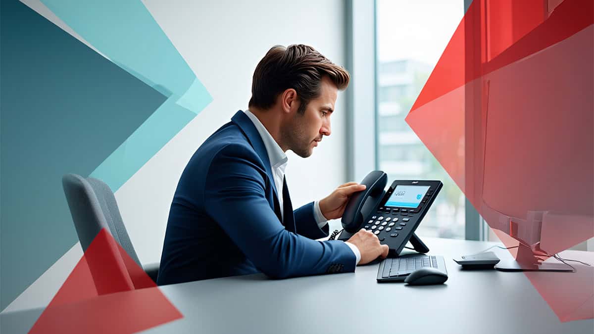 A professional man in a suit working at an office desk with a landline phone, computer, keyboard, and mouse, representing IT support and business communication.