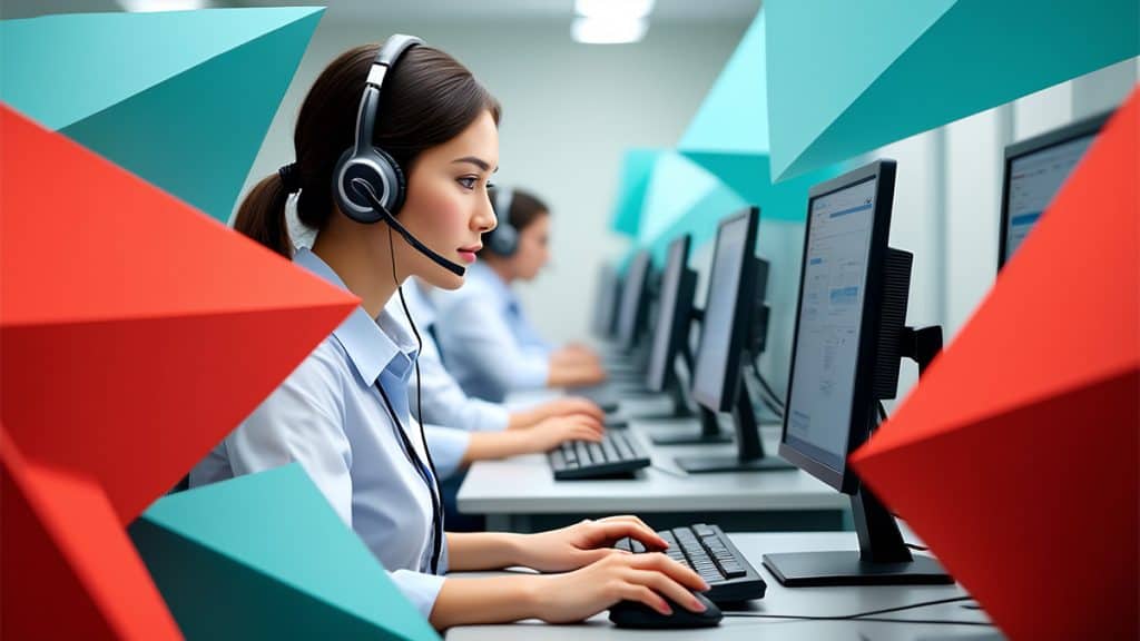 Professional customer support team at IT service call center with headsets working on computers for tech solutions.