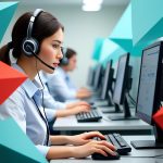 Professional customer support team at IT service call center with headsets working on computers for tech solutions.