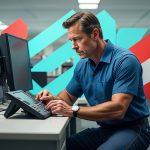 Professional IT support specialist working at a computer desk in a modern office environment.