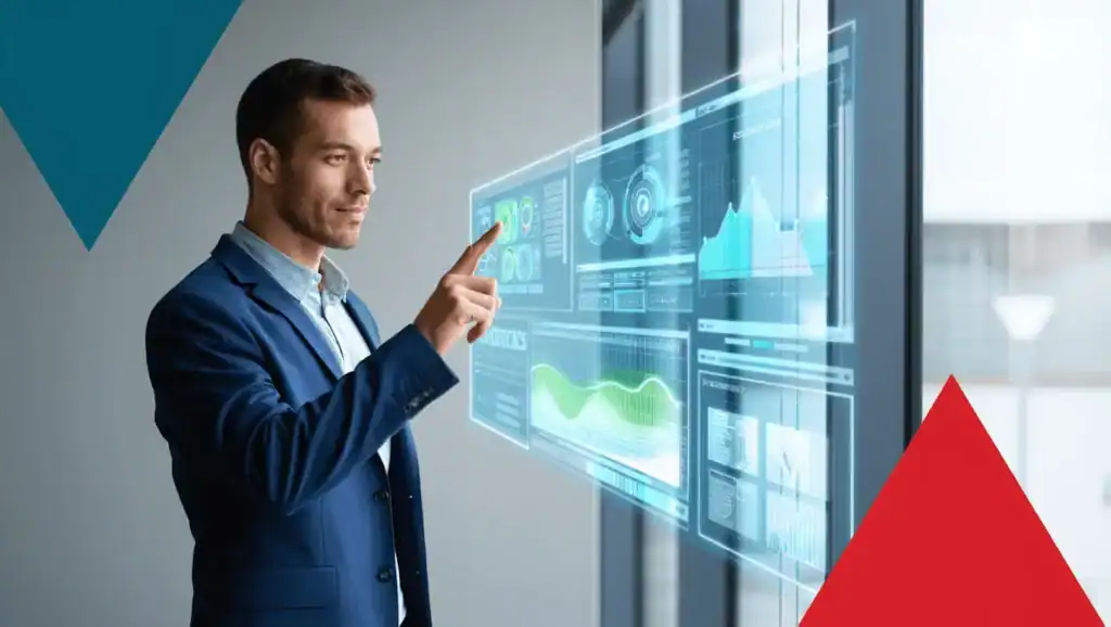 Business professional interacting with futuristic digital data interface for analytics and IT solutions.