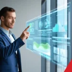 Business professional interacting with futuristic digital data interface for analytics and IT solutions.