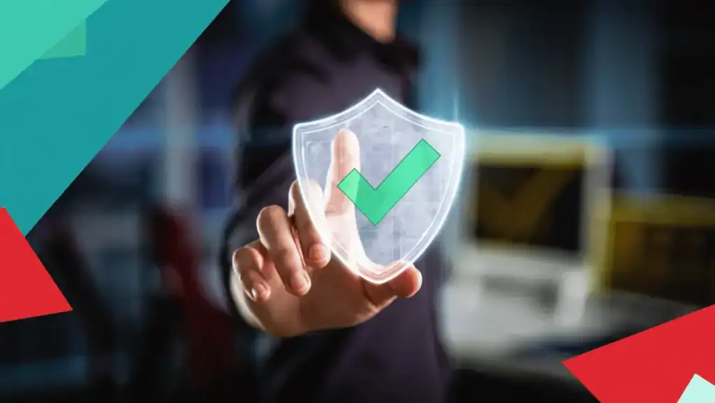 Business professional touching a digital shield with a checkmark, symbolizing cybersecurity and data protection services.