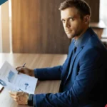 Business professional analyzing data and reports at a modern office desk.