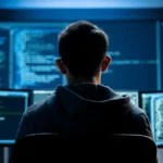 Person coding at a multi-monitor setup, back view, blue-toned code on screens in a dim lab.