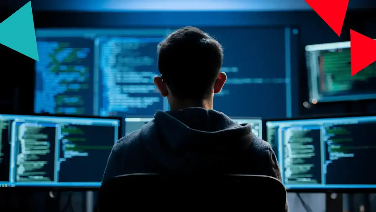 Person coding at a multi-monitor setup, back view, blue-toned code on screens in a dim lab.