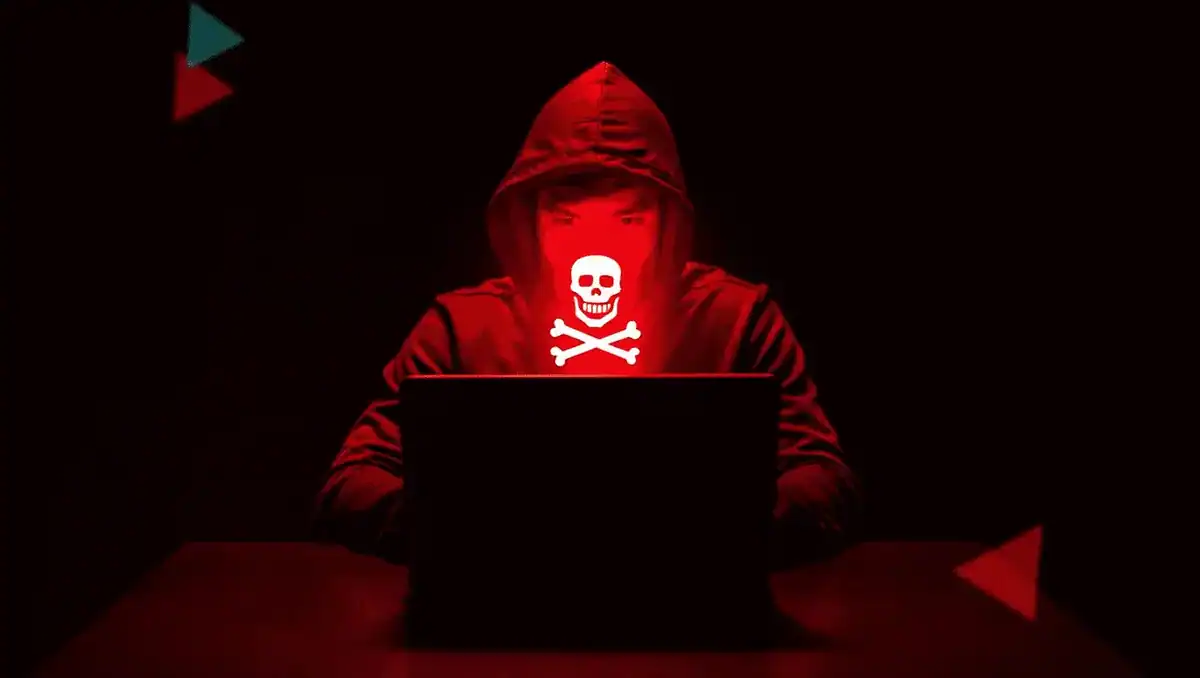 Hacker in red hoodie with skull mask working on a laptop in a dark environment, representing cybersecurity threats.