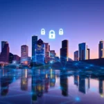 Smart city skyline featuring digital security icons representing cybersecurity and data protection.