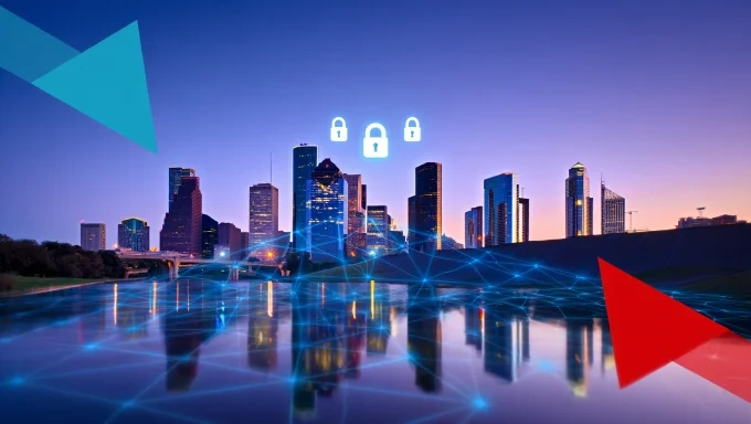 Smart city skyline featuring digital security icons representing cybersecurity and data protection.