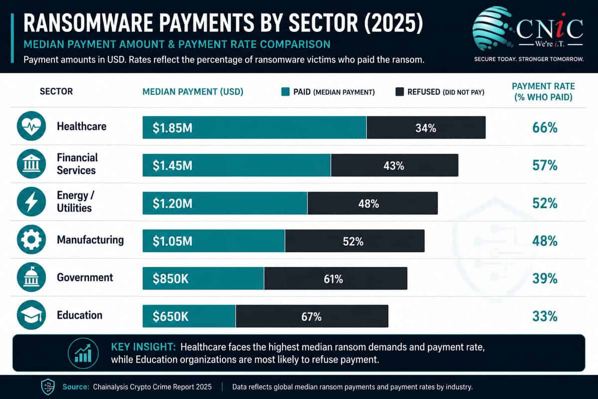 Infographic showing Ransomware Payout Statistics by Sector median payment and percent paid