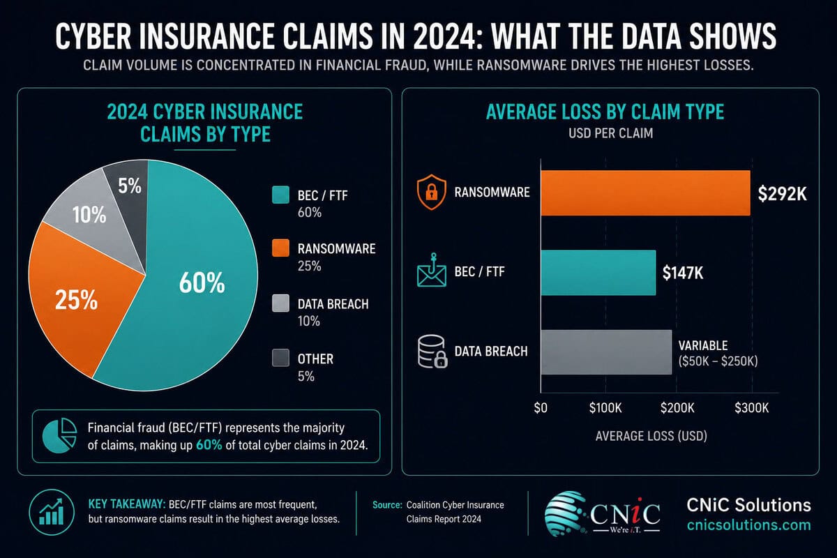 Infographic illustrating 2024 cyber insurance claims by type, highlighting ransomware, data breaches, and fraud losses.