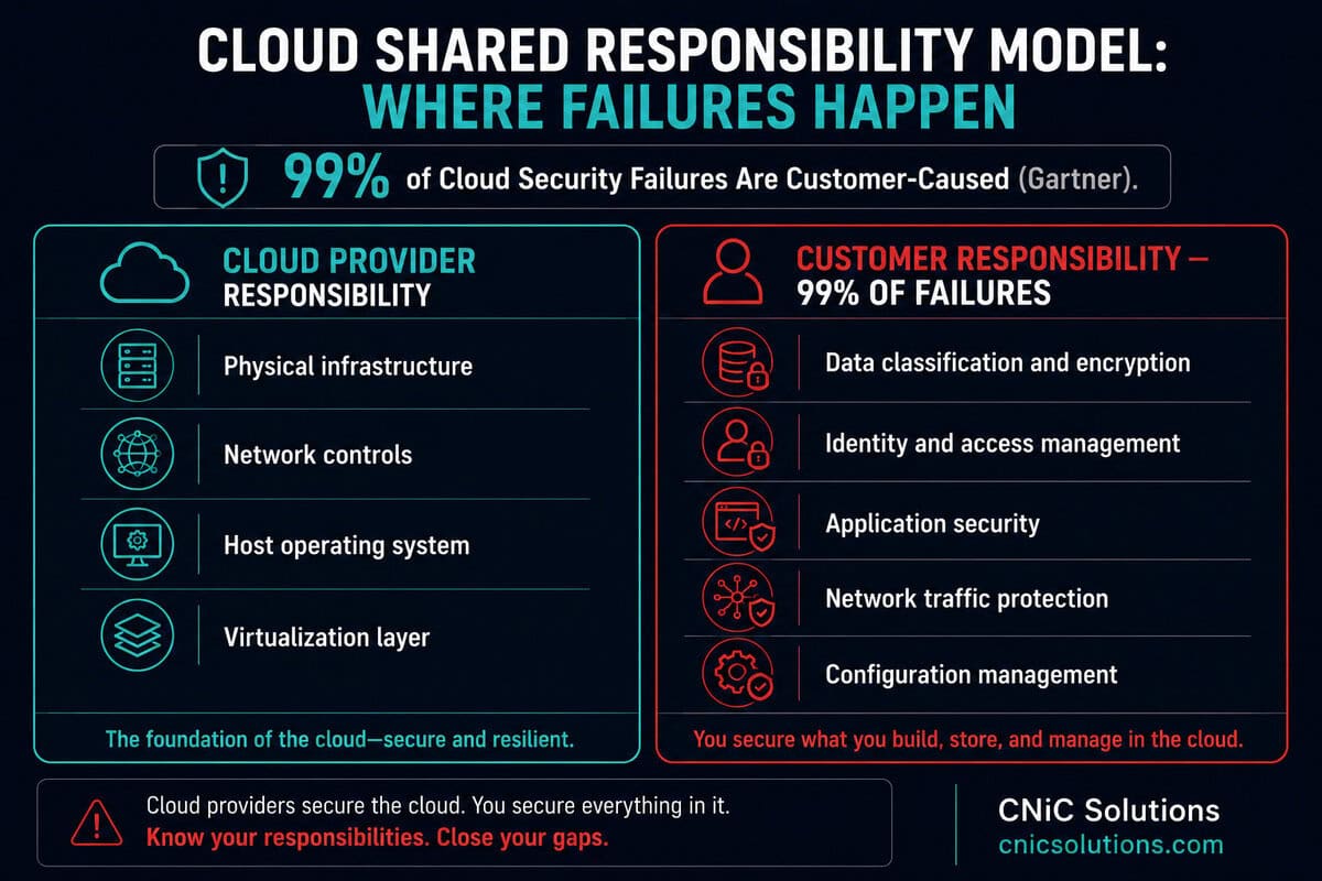 Two section infographic charts showing that 99 percent of all Cloud Security Failures are caused by the Customer.